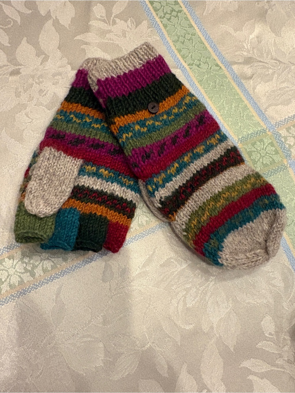 Hand-Knit Multicolor Wool Fingerless Mittens with Button